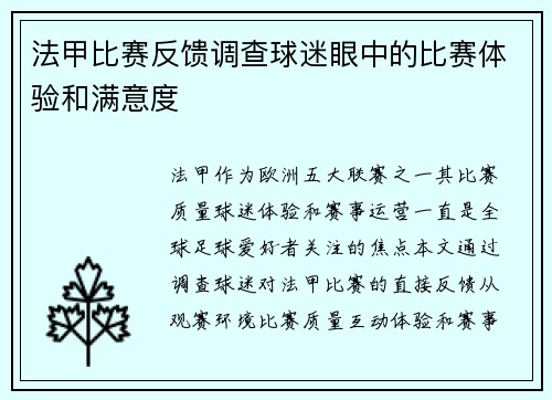 法甲比赛反馈调查球迷眼中的比赛体验和满意度
